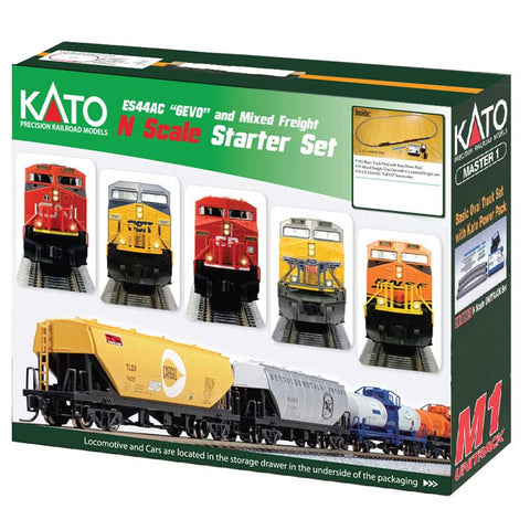 KATO N GE ES44AC GEVO Mixed Freight Starter Set -- Union Pacific Loco, 6 Cars; Unitrack M1 Basic 4-1/2 x 2' Oval, Power Pack